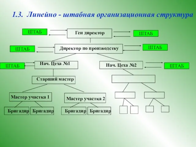 1.3. Линейно - штабная организационная структура Ген директор Директор по производству Нач.