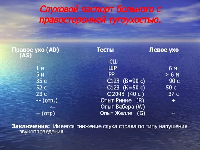 Слуховой паспорт больного с правосторонней тугоухостью. Правое ухо (AD) Тесты Левое ухо