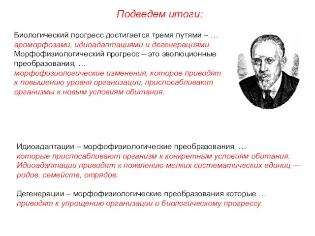 Подведем итоги: Биологический прогресс достигается тремя путями – … ароморфозами, идиоадаптациями и