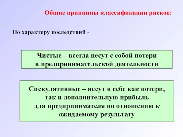 Общие принципы классификации рисков: По характеру последствий - Чистые – всегда несут