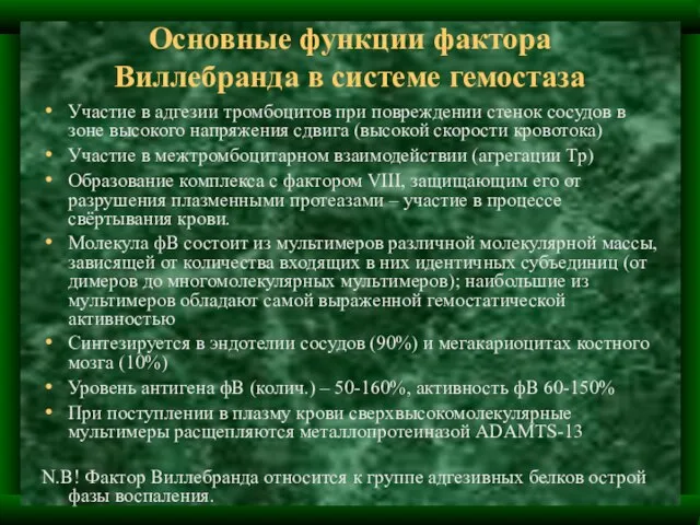 Основные функции фактора Виллебранда в системе гемостаза Участие в адгезии тромбоцитов при