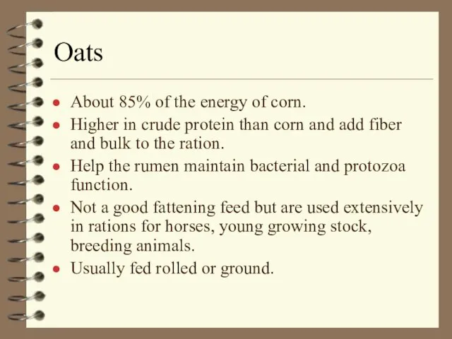 Oats About 85% of the energy of corn. Higher in crude protein