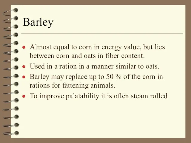 Barley Almost equal to corn in energy value, but lies between corn