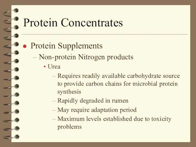 Protein Concentrates Protein Supplements Non-protein Nitrogen products Urea Requires readily available carbohydrate