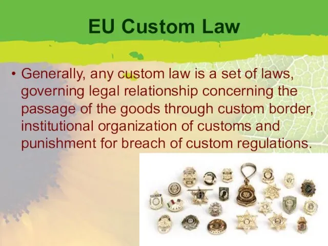 EU Custom Law Generally, any custom law is a set of laws,