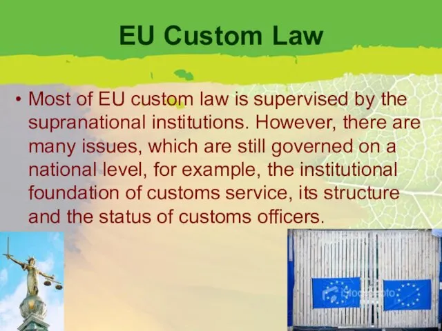 EU Custom Law Most of EU custom law is supervised by the