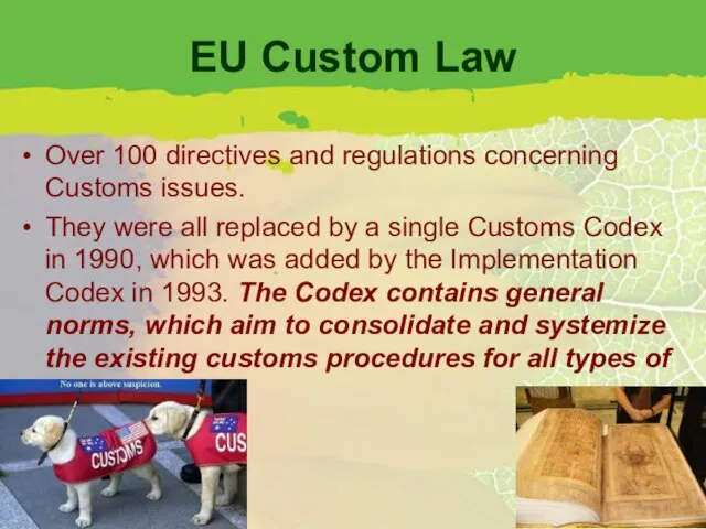 EU Custom Law Over 100 directives and regulations concerning Customs issues. They