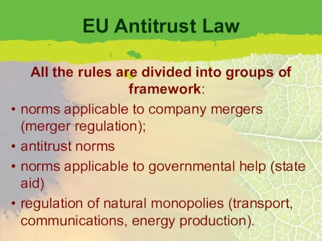 EU Antitrust Law All the rules are divided into groups of framework: