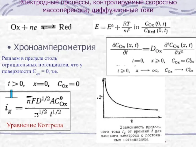 Электродные процессы, контролируемые скоростью массопереноса; диффузионные токи Хроноамперометрия Решаем в пределе столь