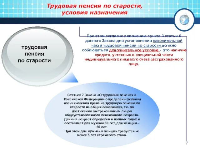 Трудовая пенсия по старости, условия назначения трудовая пенсия по старости Статьей 7