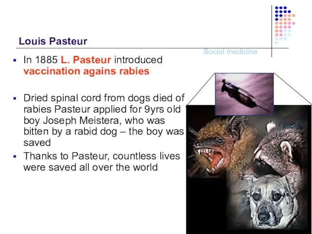 Louis Pasteur In 1885 L. Pasteur introduced vaccination agains rabies Dried spinal