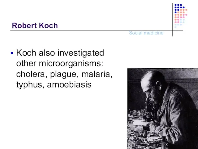 Robert Koch Koch also investigated other microorganisms: cholera, plague, malaria, typhus, amoebiasis