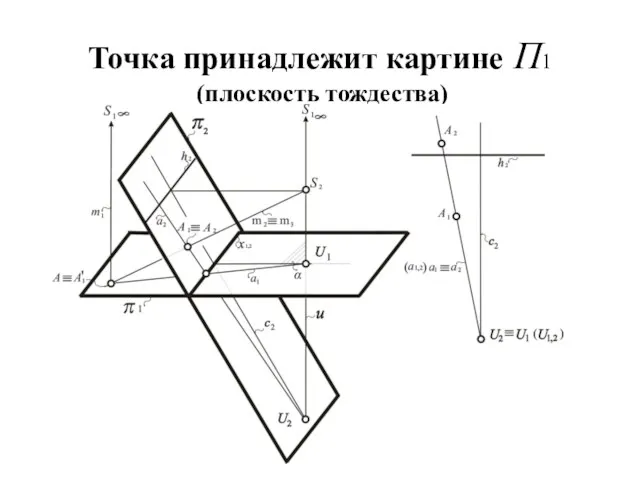 Точка принадлежит картине П1 (плоскость тождества)