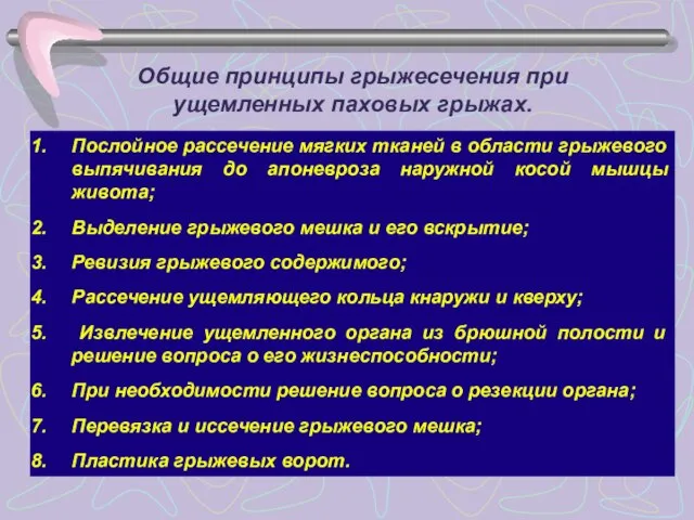 Общие принципы грыжесечения при ущемленных паховых грыжах. Послойное рассечение мягких тканей в