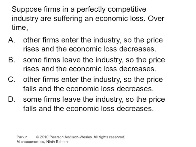 Suppose firms in a perfectly competitive industry are suffering an economic loss.