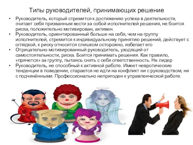 Типы руководителей, принимающих решение Руководитель, который стремится к достижению успеха в деятельности,