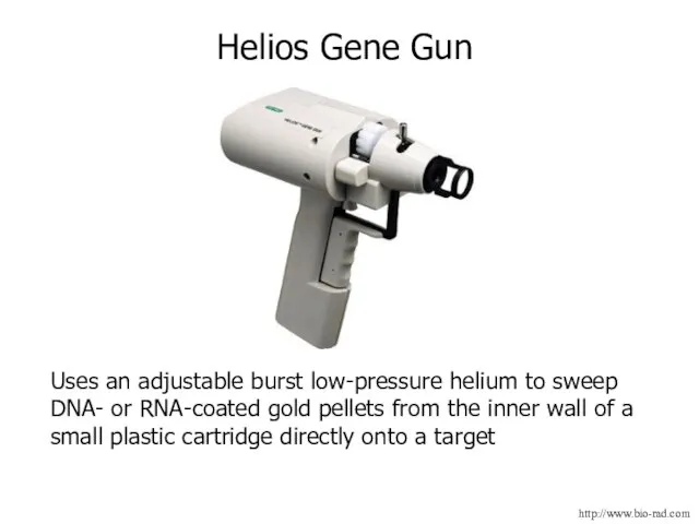 Helios Gene Gun http://www.bio-rad.com Uses an adjustable burst low-pressure helium to sweep