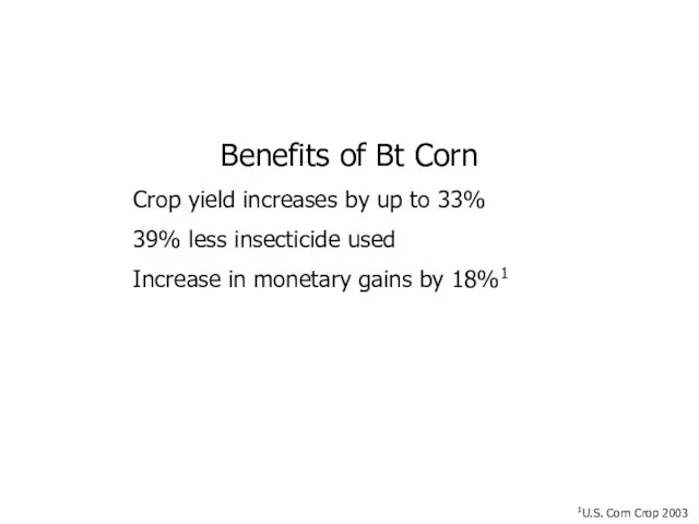 Benefits of Bt Corn Crop yield increases by up to 33% 39%