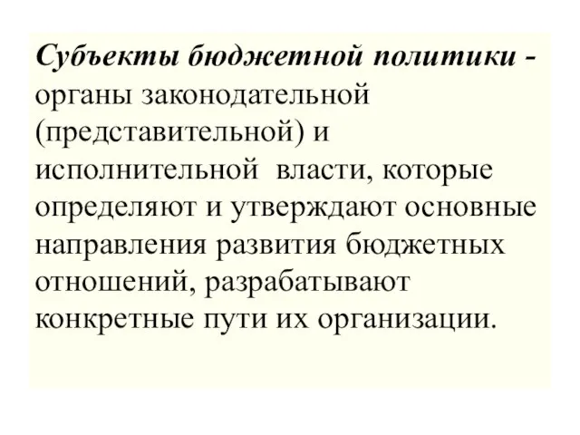 Субъекты бюджетной политики - органы законодательной (представительной) и исполнительной власти, которые определяют