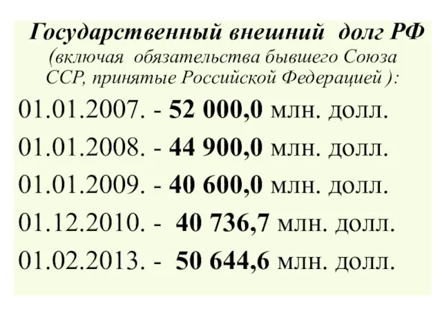 Государственный внешний долг РФ (включая обязательства бывшего Союза ССР, принятые Российской Федерацией