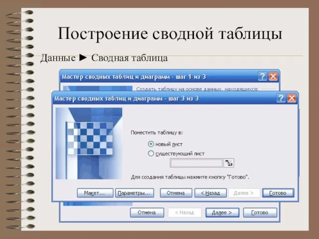 Построение сводной таблицы Данные ► Сводная таблица