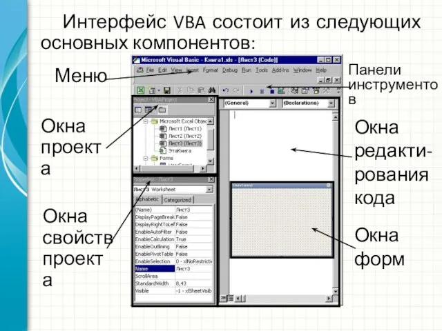 Интерфейс VBA состоит из следующих основных компонентов: Окна проекта Окна свойств проекта