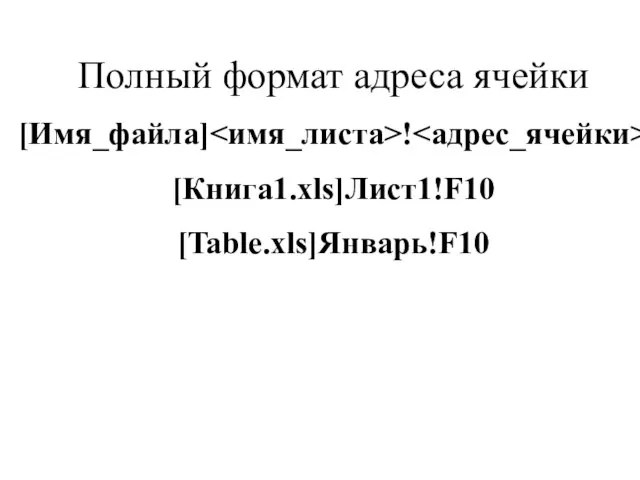 Полный формат адреса ячейки [Имя_файла] ! [Книга1.xls]Лист1!F10 [Table.xls]Январь!F10