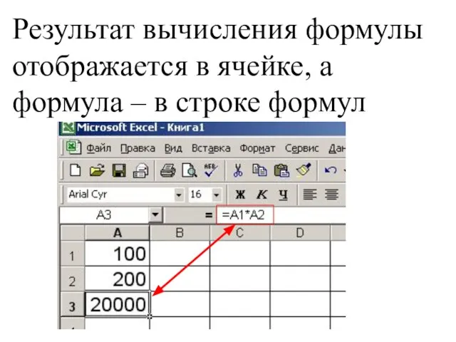 Результат вычисления формулы отображается в ячейке, а формула – в строке формул