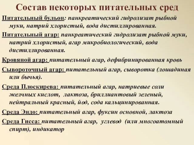 Состав некоторых питательных сред Питательный бульон: панкреатический гидролизат рыбной муки, натрий хлористый,