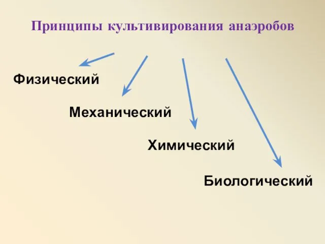 Принципы культивирования анаэробов Физический Механический Химический Биологический