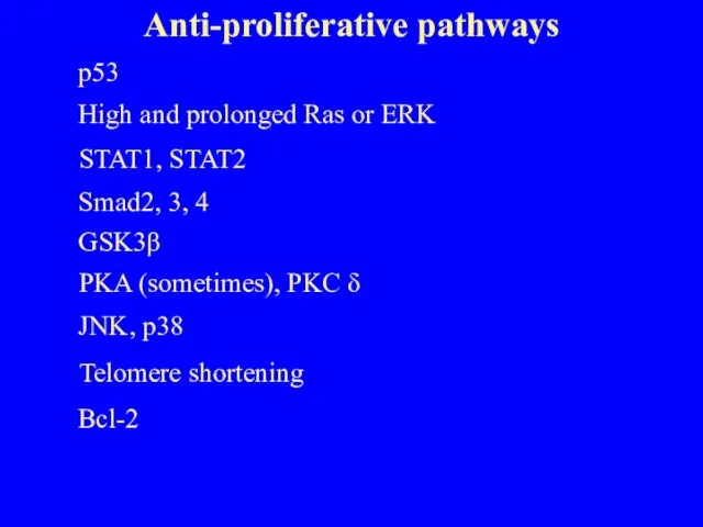 Anti-proliferative pathways p53 High and prolonged Ras or ERK STAT1, STAT2 Smad2,