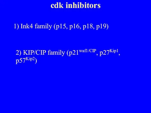 cdk inhibitors 1) Ink4 family (p15, p16, p18, p19) 2) KIP/CIP family (p21waf1/CIP, p27Kip1, p57Kip2)