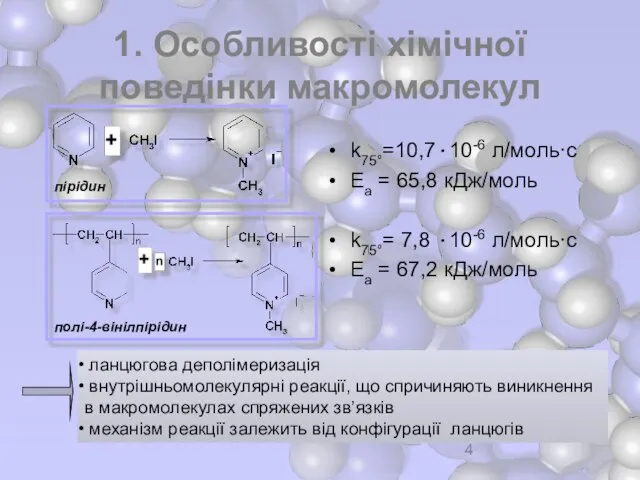1. Особливості хімічної поведінки макромолекул k75°=10,7·10-6 л/моль·с Еа = 65,8 кДж/моль k75°=