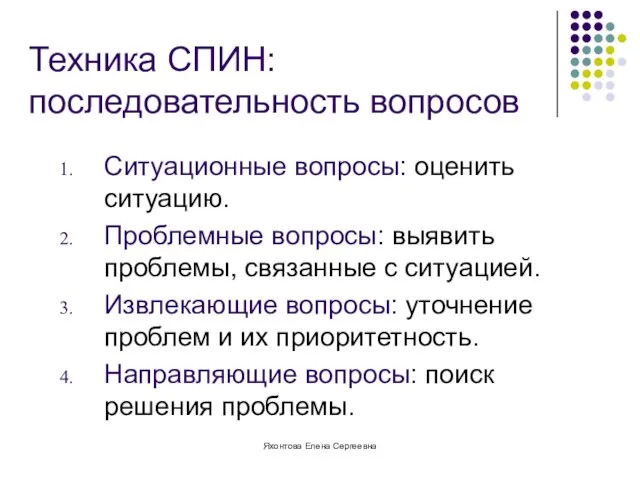 Яхонтова Елена Сергеевна Техника СПИН: последовательность вопросов Ситуационные вопросы: оценить ситуацию. Проблемные