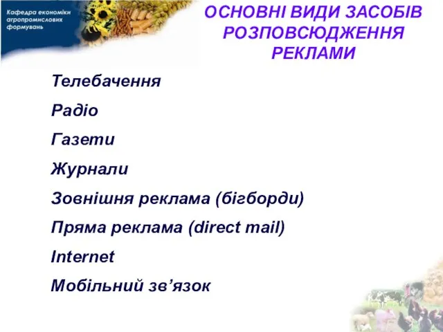 ОСНОВНІ ВИДИ ЗАСОБІВ РОЗПОВСЮДЖЕННЯ РЕКЛАМИ Телебачення Радіо Газети Журнали Зовнішня реклама (бігборди)