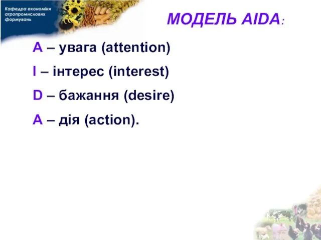 МОДЕЛЬ AIDA: A – увага (attention) I – інтерес (interest) D –