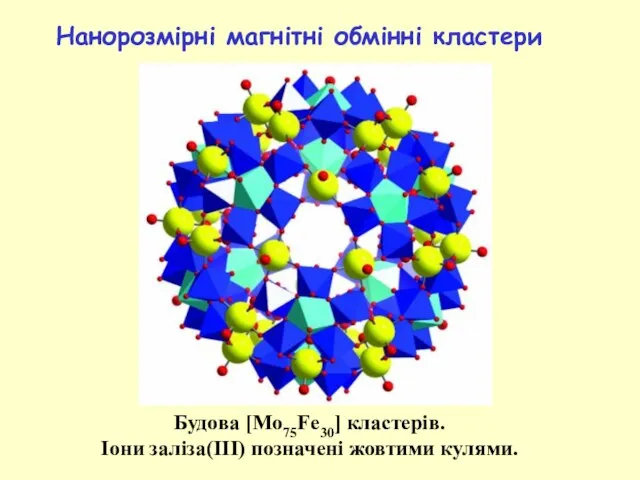 Будова [Mo75Fe30] кластерів. Іони заліза(III) позначені жовтими кулями. Нанорозмірні магнітні обмінні кластери