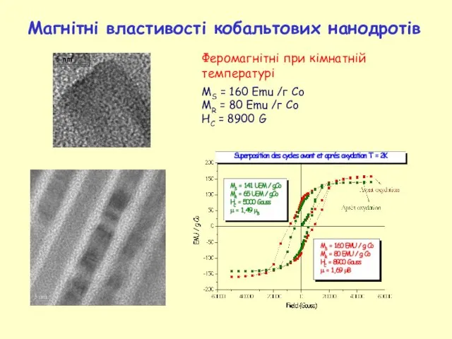 Магнітні властивості кобальтових нанодротів Феромагнітні при кімнатній температурі MS = 160 Emu