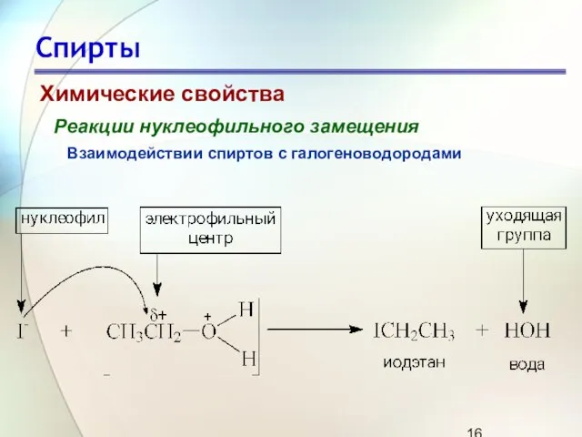 Спирты Химические свойства Реакции нуклеофильного замещения Взаимодействии спиртов с галогеноводородами