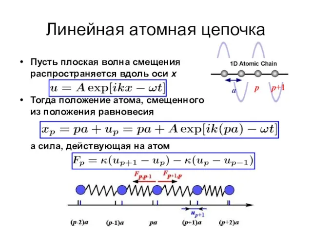 Линейная атомная цепочка Пусть плоская волна смещения распространяется вдоль оси х Тогда