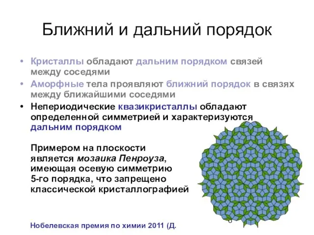 Ближний и дальний порядок Кристаллы обладают дальним порядком связей между соседями Аморфные