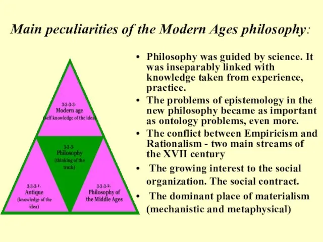 Philosophy was guided by science. It was inseparably linked with knowledge taken