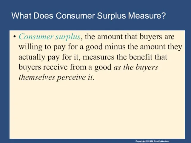 What Does Consumer Surplus Measure? Consumer surplus, the amount that buyers are