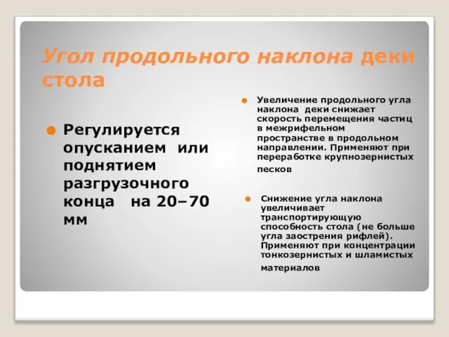 Угол продольного наклона деки стола Регулируется опусканием или поднятием разгрузочного конца на