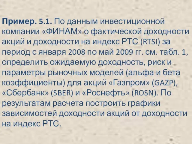 Пример. 5.1. По данным инвестиционной компании «ФИНАМ» о фактической доходности акций и