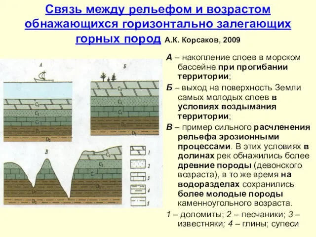 Связь между рельефом и возрастом обнажающихся горизонтально залегающих горных пород А.К. Корсаков,