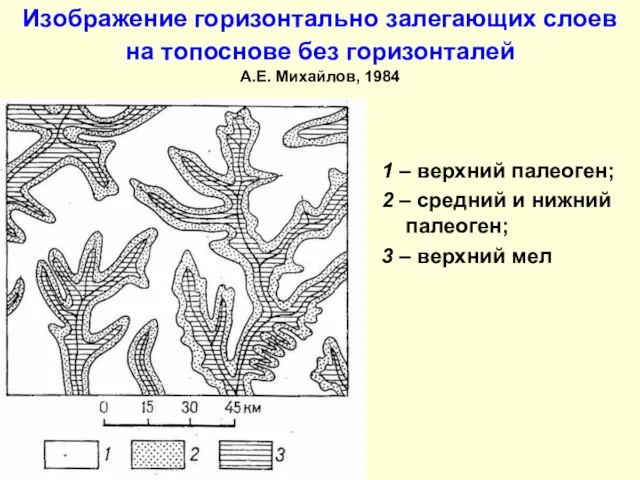 Изображение горизонтально залегающих слоев на топоснове без горизонталей А.Е. Михайлов, 1984 1