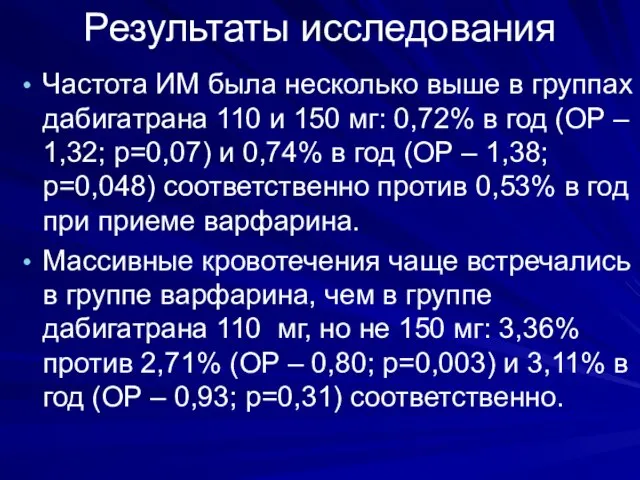 Результаты исследования Частота ИМ была несколько выше в группах дабигатрана 110 и