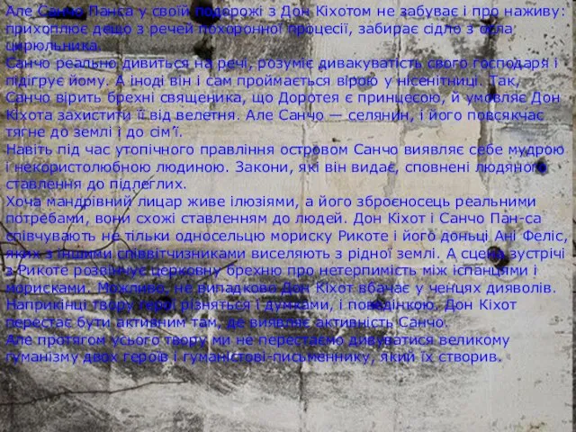 Але Санчо Панса у своїй подорожі з Дон Кіхотом не забуває і