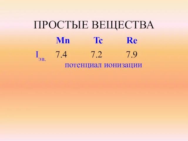 ПРОСТЫЕ ВЕЩЕСТВА Mn Tc Re Iэв. 7.4 7.2 7.9 потенциал ионизации